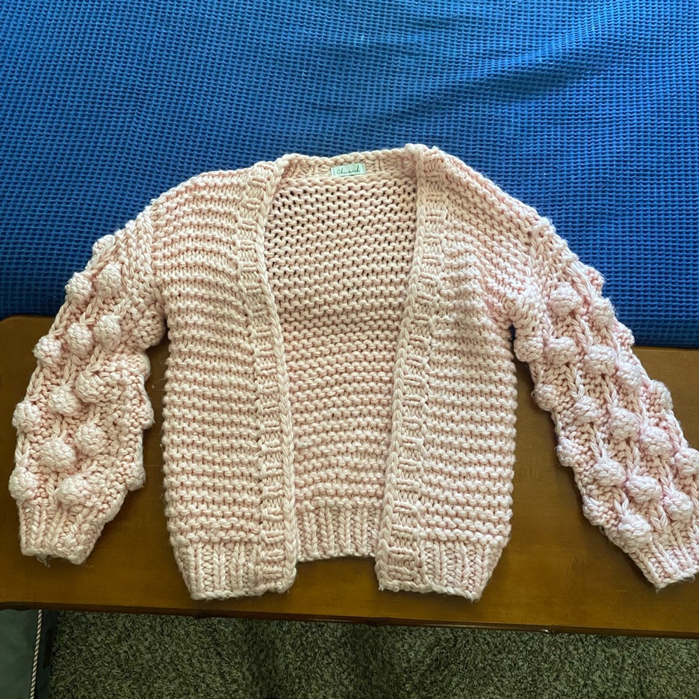 Cozy Pink knit cardigan with Pom Pom sleeves